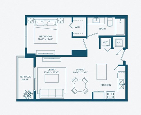 Floor plan for 1 bed, 1 bath, 700 sqft